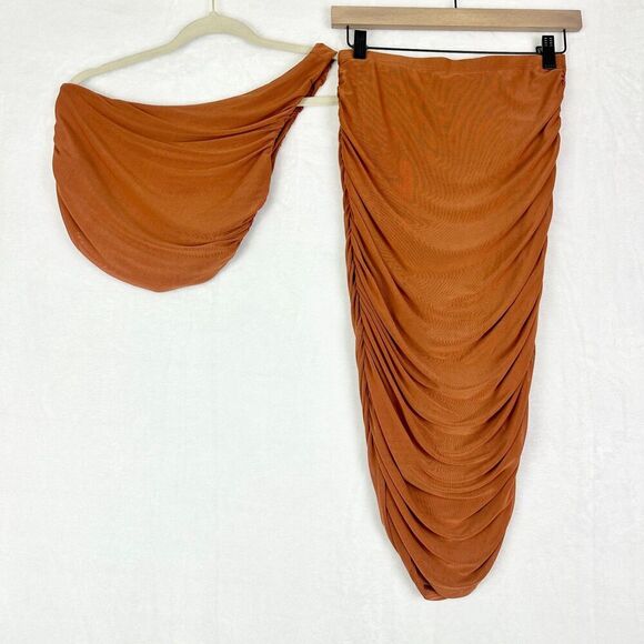 House of Harlow Mesh Ruched Midi Skirt Cropped Top 2 pc Set Size XS Copper Brown - Picture 1 of 9
